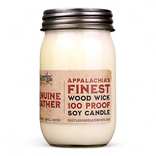 Genuine Leather - 16oz Soy Wax, Wood Wick Candle