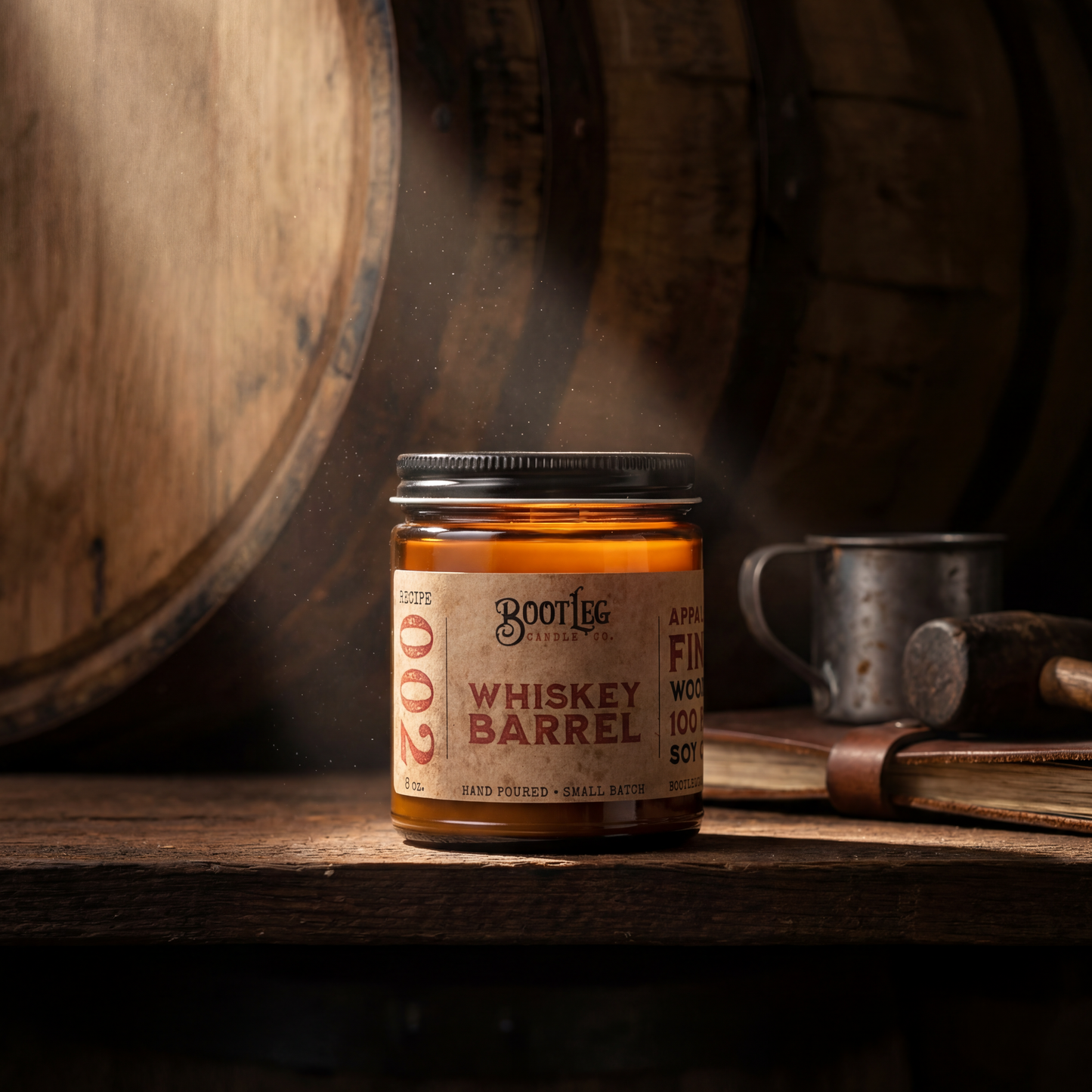 Whiskey Barrel - 8oz Soy Wax, Wood Wick Candle