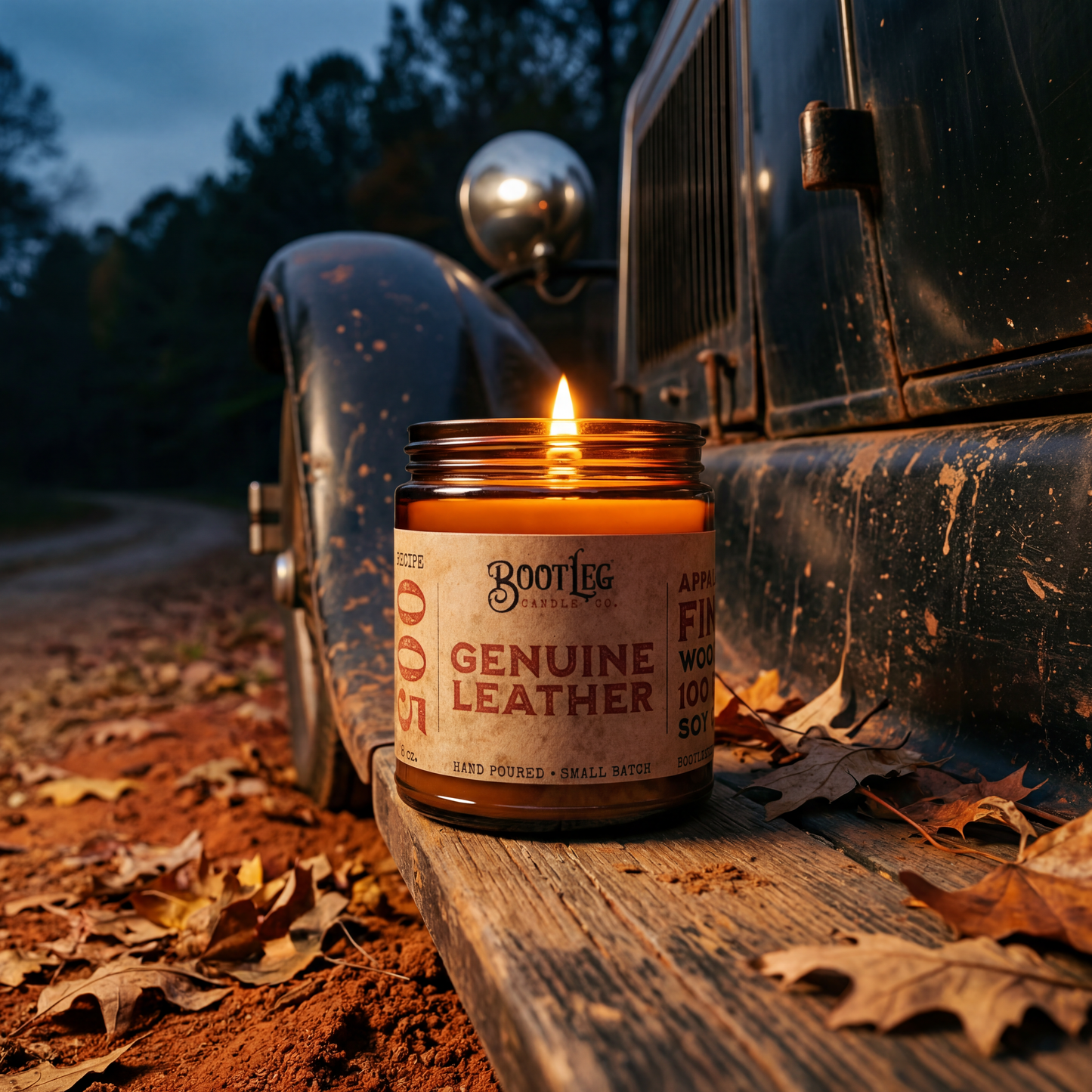 Genuine Leather - 8oz Soy Wax, Wood Wick Candle