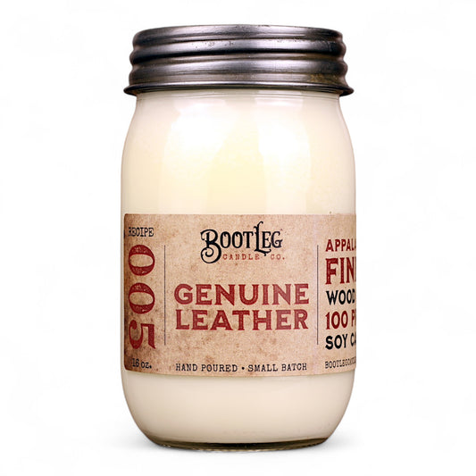 Genuine Leather - 16oz Soy Wax, Wood Wick Candle
