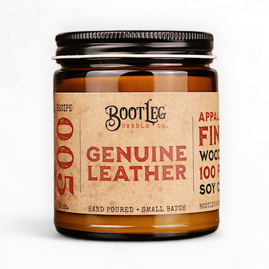 Genuine Leather - 8oz Soy Wax, Wood Wick Candle