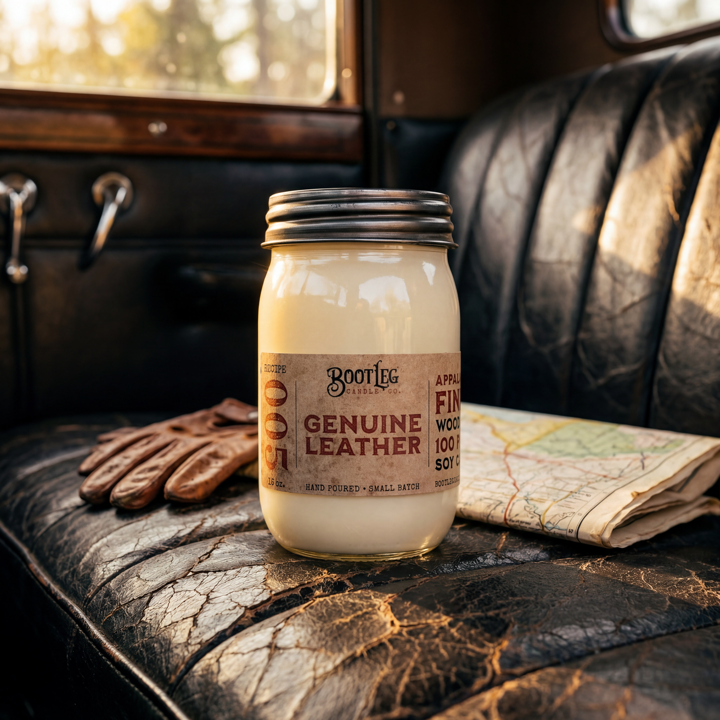 Genuine Leather - 16oz Soy Wax, Wood Wick Candle